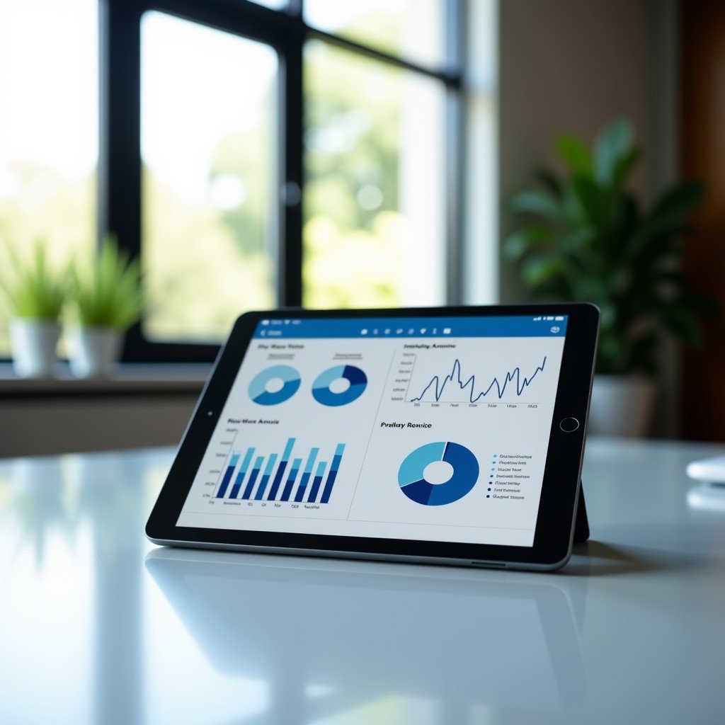 Modern workplace with a clean desk, a tablet showing analytical data, natural sunlight, professional setting, high resolution, 4:3 aspect ratio.