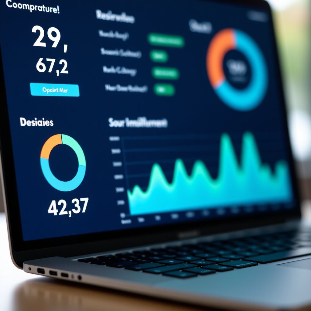 Close-up of a digital dashboard on a laptop screen showing AI performance metrics, professional business aesthetic, clean composition, 4:3 aspect ratio.