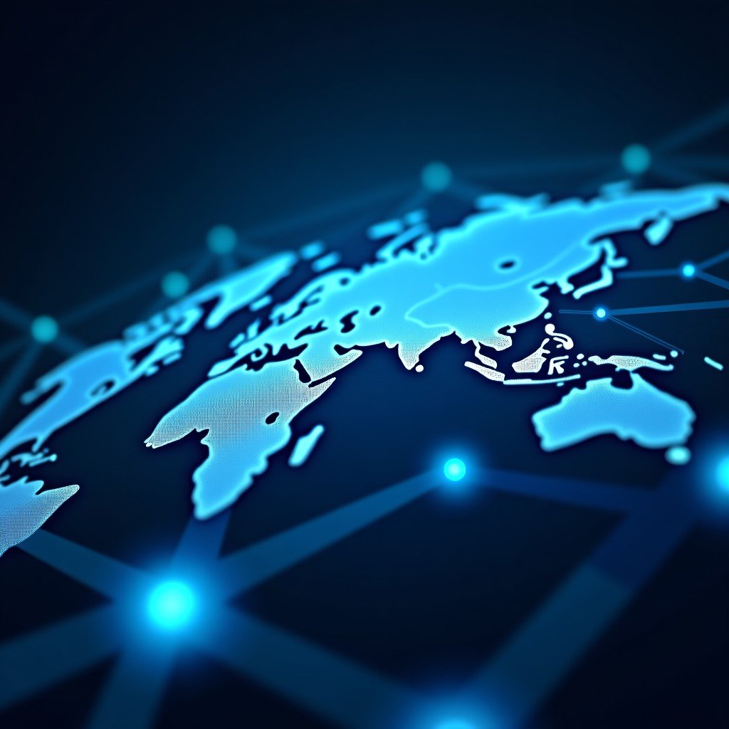 Abstract representation of global business connection and digital network, blue and white professional color palette, high-tech atmosphere, 4:3 aspect ratio.