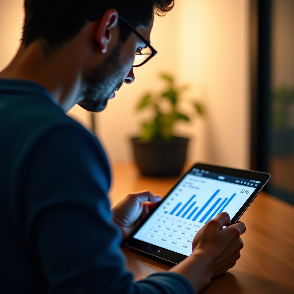Close up of a person looking at analytical data on a tablet, professional and calm atmosphere, warm indoor lighting, high quality photography, no text, 4:3