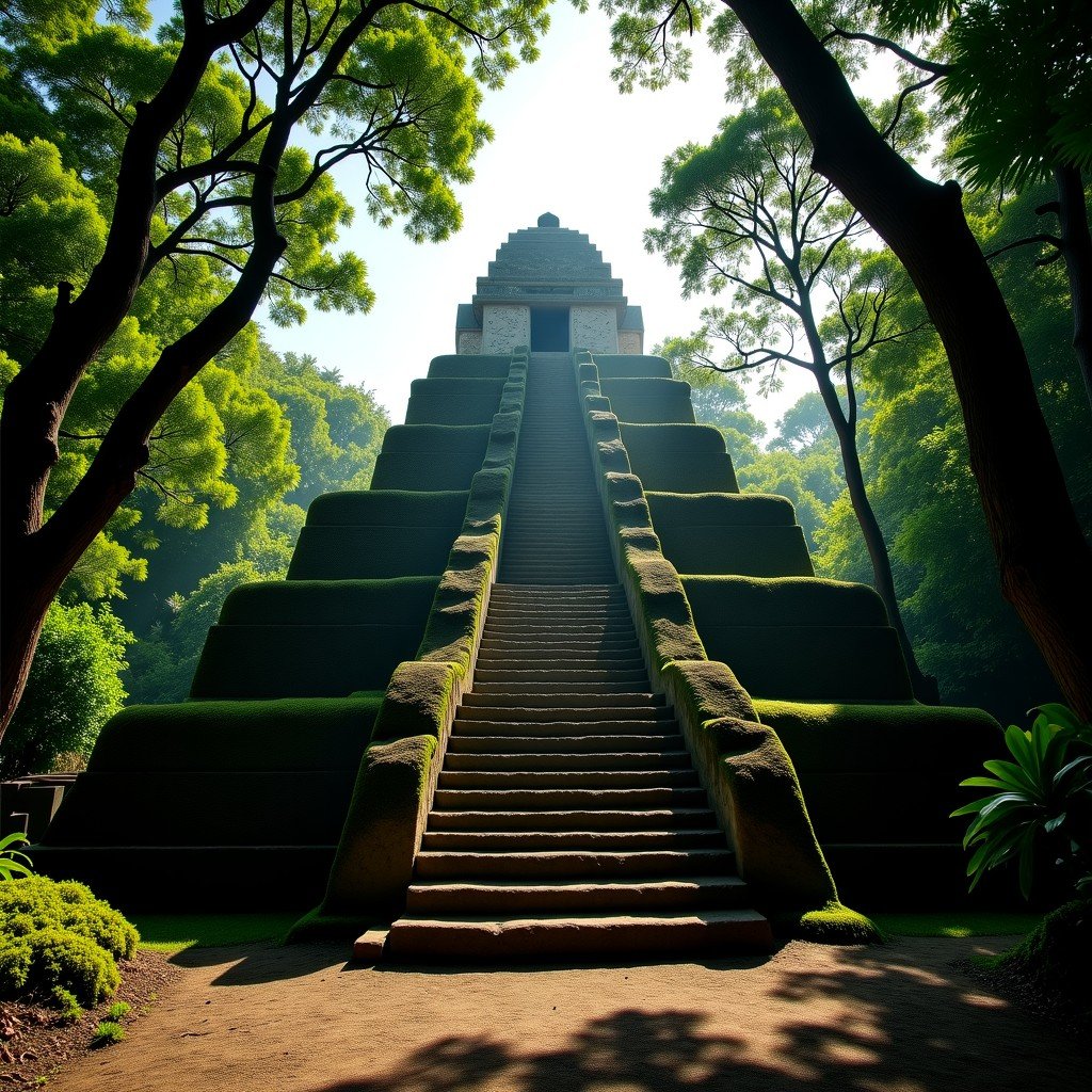 Low angle shot of a weathered stone pyramid in Palenque covered with moss and surrounded by dense tropical trees, sunlight filtering through the canopy, realistic style, 4:3 aspect ratio