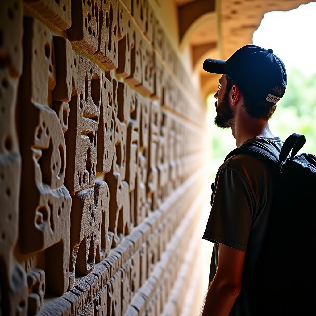 A traveler observing the intricate carvings and hieroglyphics on a stone wall at Palenque, close up shot, natural lighting, high detail, 4:3 aspect ratio
