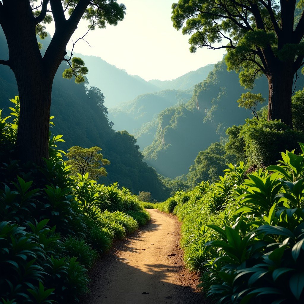 A scenic walking path winding through the lush jungle landscape of Palenque with ancient structures partially visible, soft morning light, peaceful atmosphere, 4:3 aspect ratio