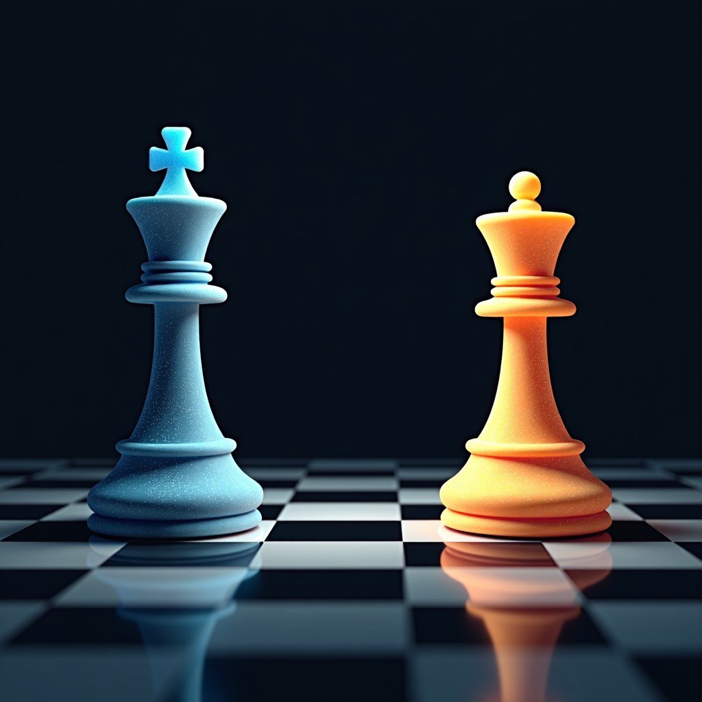 Conceptual image of a chess game between abstract digital circuits and political symbols, sophisticated and minimalist style, dark background, 4:3.