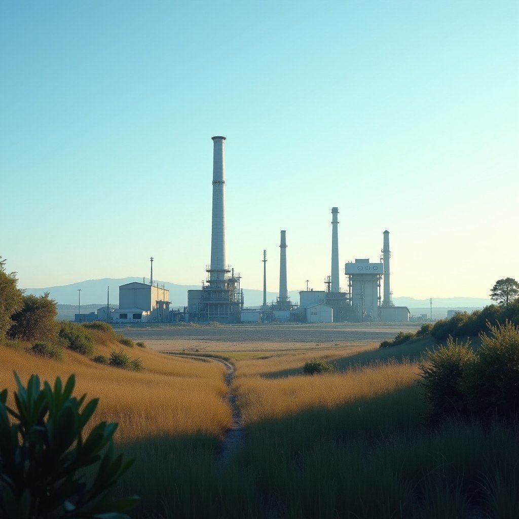 Industrial landscape with clear sky in the background, surrounding nature, realistic photography, subtle textures, no text, 4:3 aspect ratio.