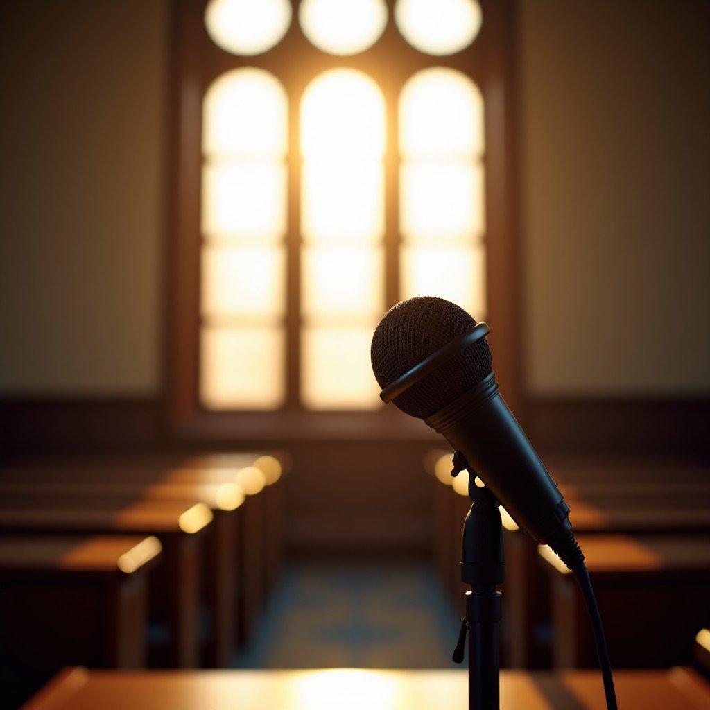 A close up of an empty town hall microphone, sunlight streaming through a window, hope and dialogue atmosphere, sharp focus, 4:3 aspect ratio.