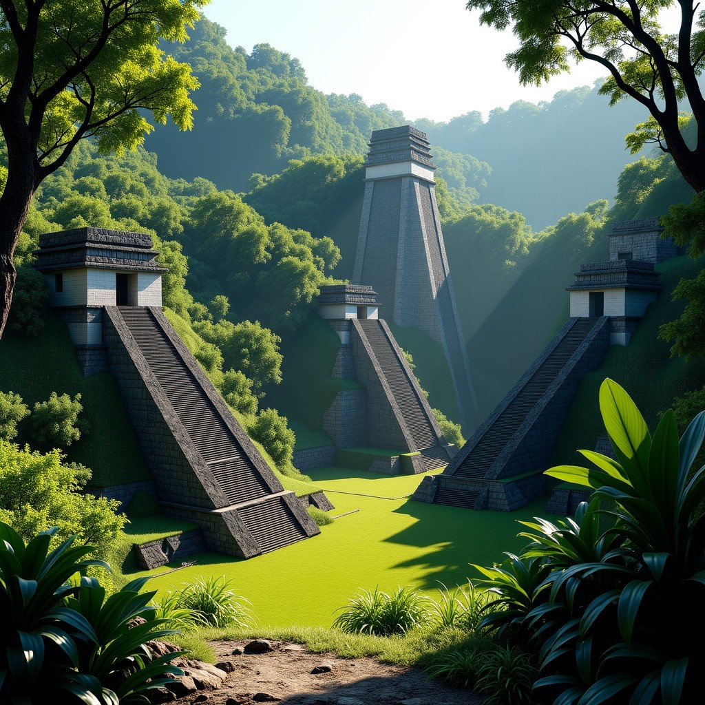 Ancient Mayan ruins of Muyil surrounded by dense green jungle in Mexico, stone structures reflecting historical architecture, realistic style, soft daylight, 4:3.