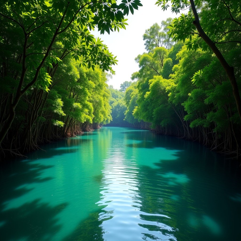 Crystal clear water canal winding through dense mangrove forest in Sian Kaan, sunlight filtering through leaves, peaceful atmosphere, realistic photography, 4:3.