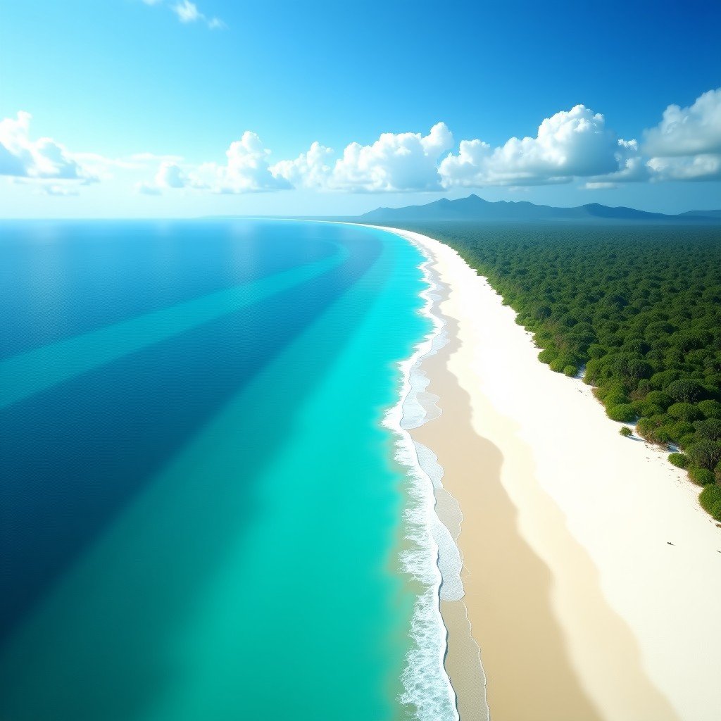 Panoramic view of the Sian Kaan coastline featuring long stretches of white sand and clear blue water, untouched natural paradise, bright lighting, realistic style, 4:3.