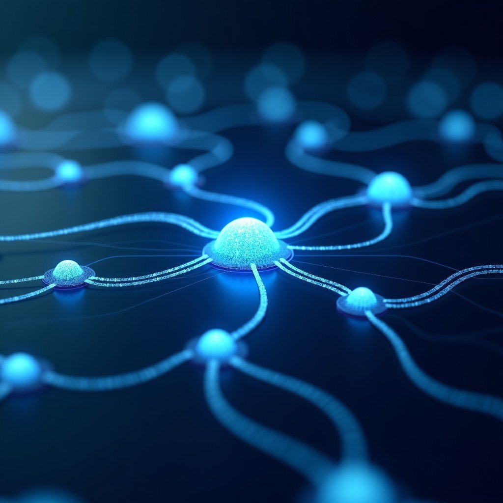 Abstract representation of a neural network connecting data streams, futuristic enterprise technology, clean and modern visualization, high resolution, 4:3 aspect ratio.