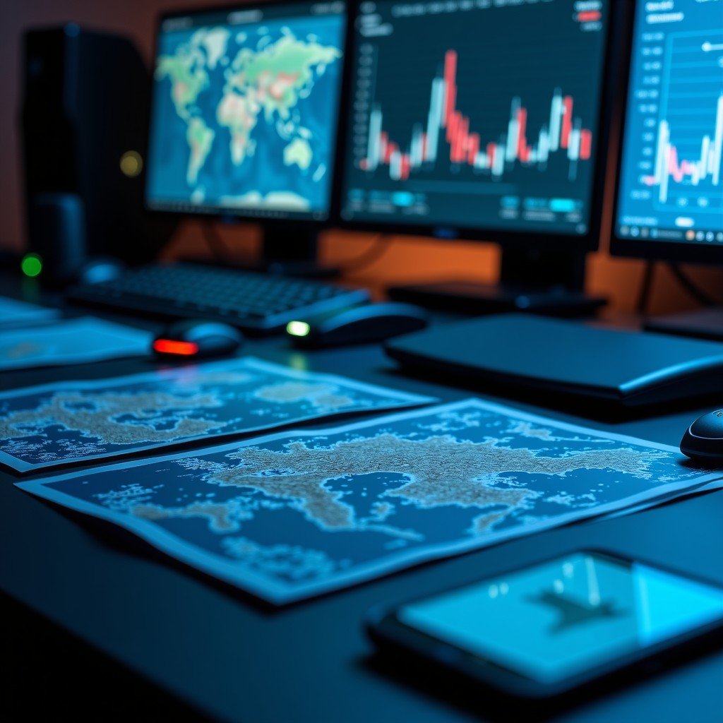 Close-up of military communication equipment and digital maps, professional setup, sharp focus, technical style, 4:3