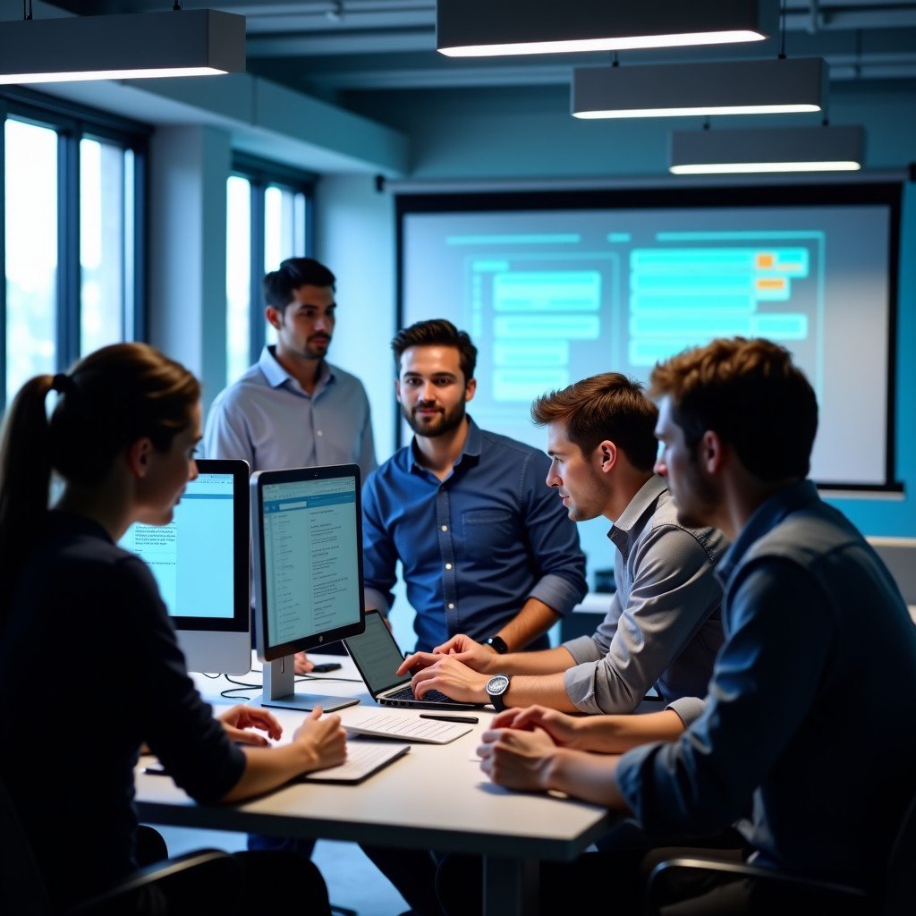 Diverse team of engineers working on high-tech cybersecurity software in a modern studio, collaborative atmosphere, bright lighting, 4:3 aspect ratio.