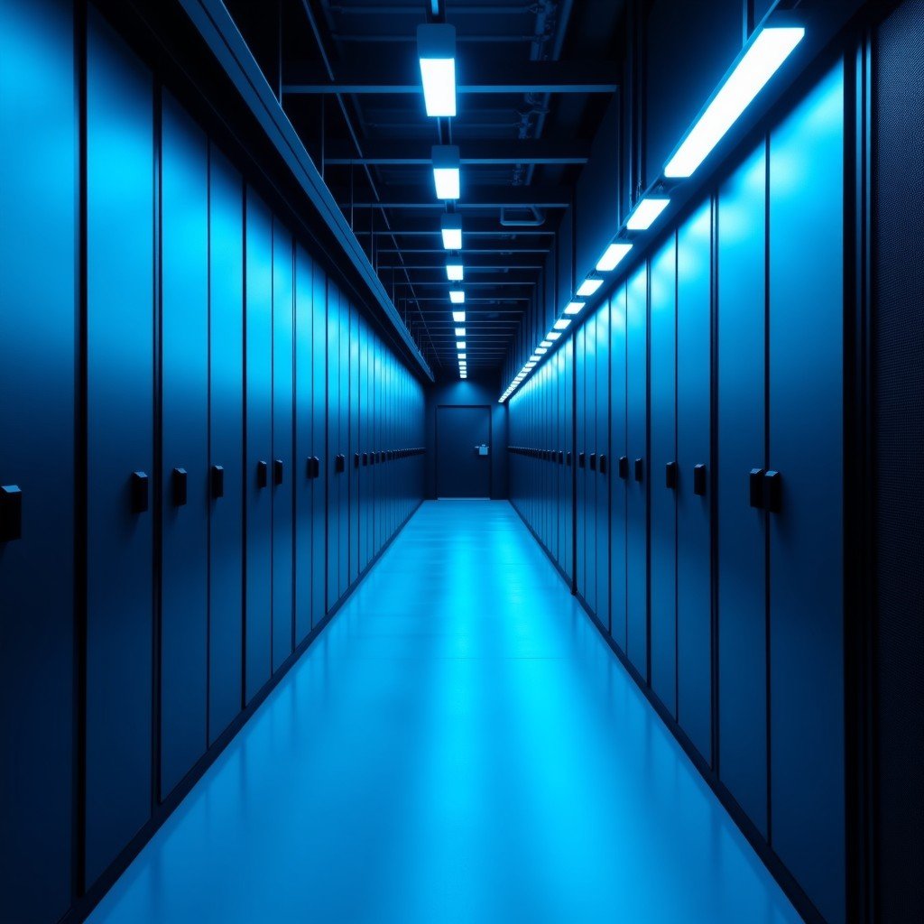 Modern data center hallway with subtle neon blue light lines, representing network flow, high-tech aesthetics, 4:3 aspect ratio.