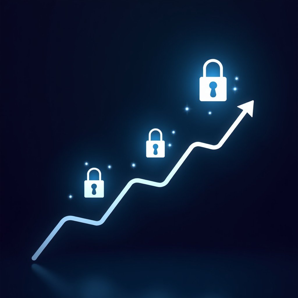 Abstract concept of growth and digital security, upward trending lines with secure lock icons, minimalist and modern professional design, high contrast, 4:3