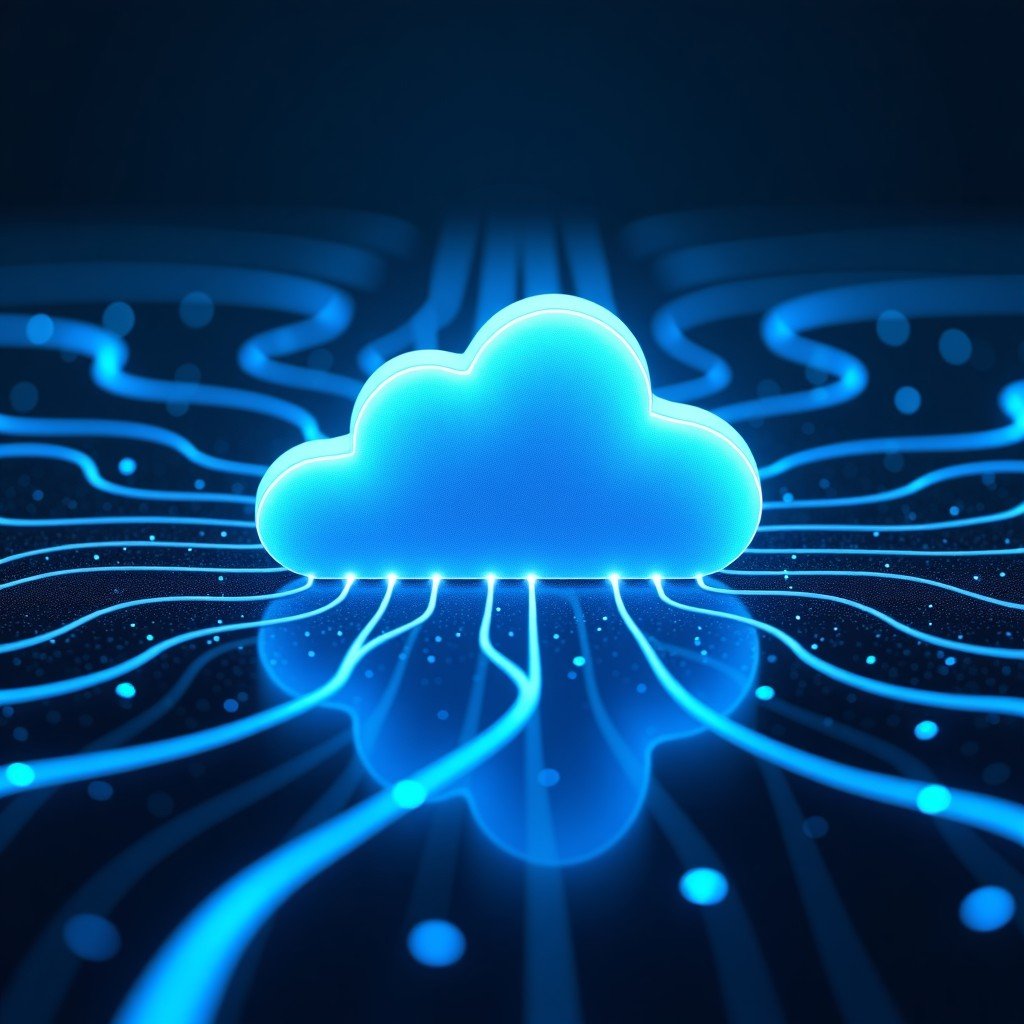 Modern cloud computing infrastructure with abstract data flow lines, glowing fiber optics in a clean professional environment, high resolution, 4:3 aspect ratio