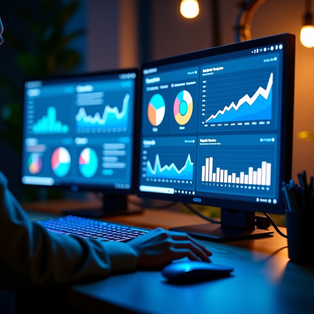 Professional setting showing digital screens with analytics, calm lighting, focused atmosphere, high quality photography, 4:3 aspect ratio