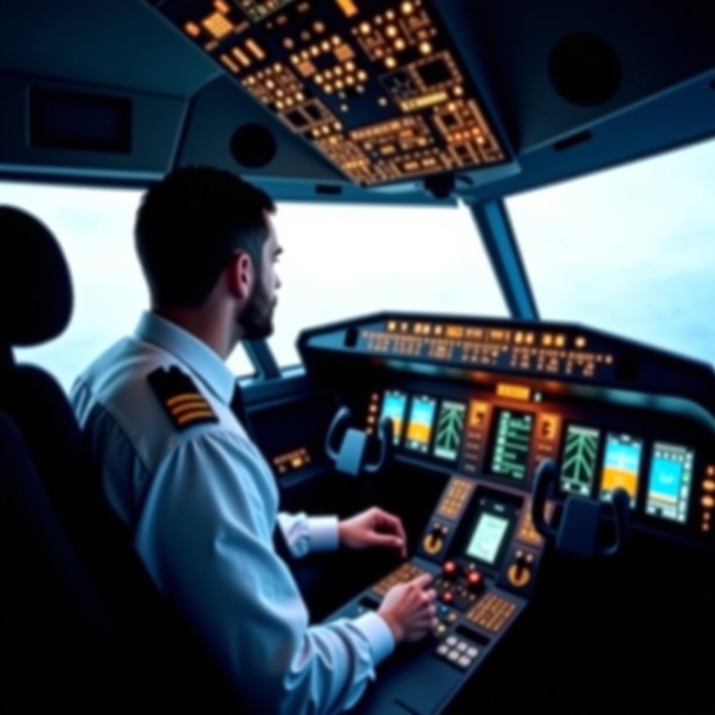 A pilot inside the cockpit of a modern commercial airliner, focused and professional, detailed interior, soft ambient lighting, realistic photography, 4:3