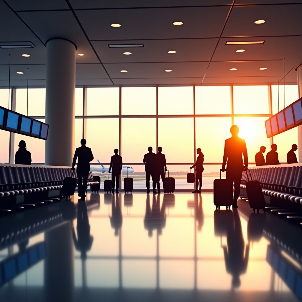 An airport check-in area with passengers and luggage, modern airport architecture, warm and professional atmosphere, high resolution photography, 4:3