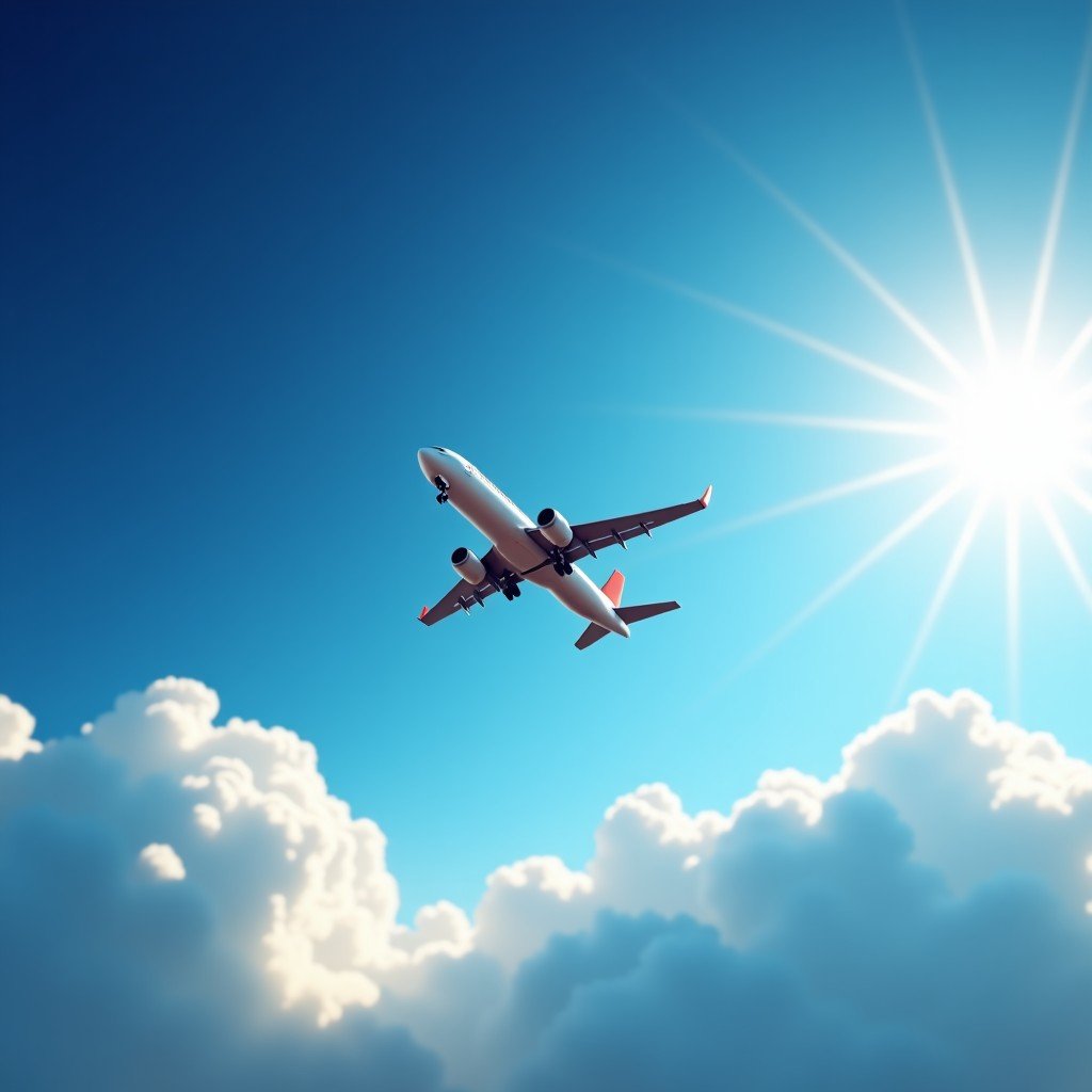An airplane flying high in the blue sky, clouds in the background, wide angle view, bright daylight, cinematic photography, 4:3