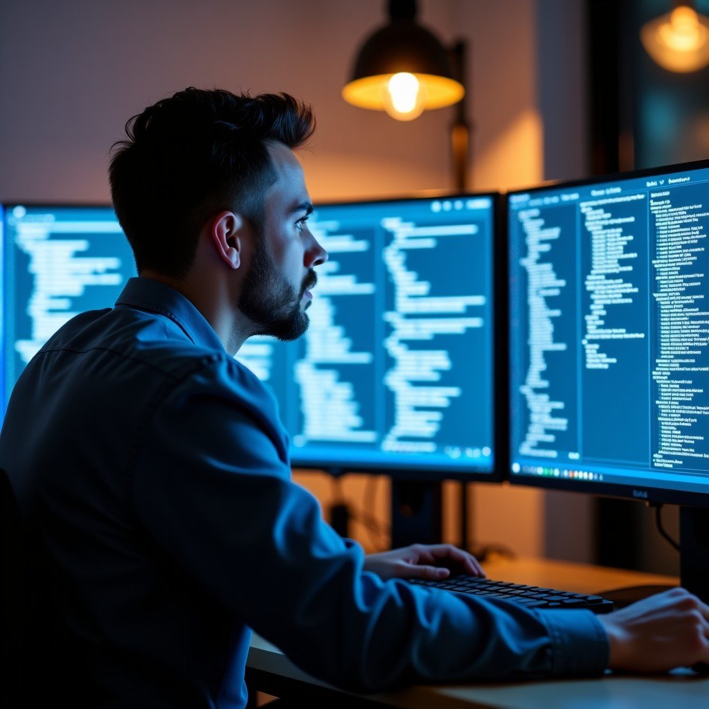 개발자가 복잡한 코드를 검토하는 모습