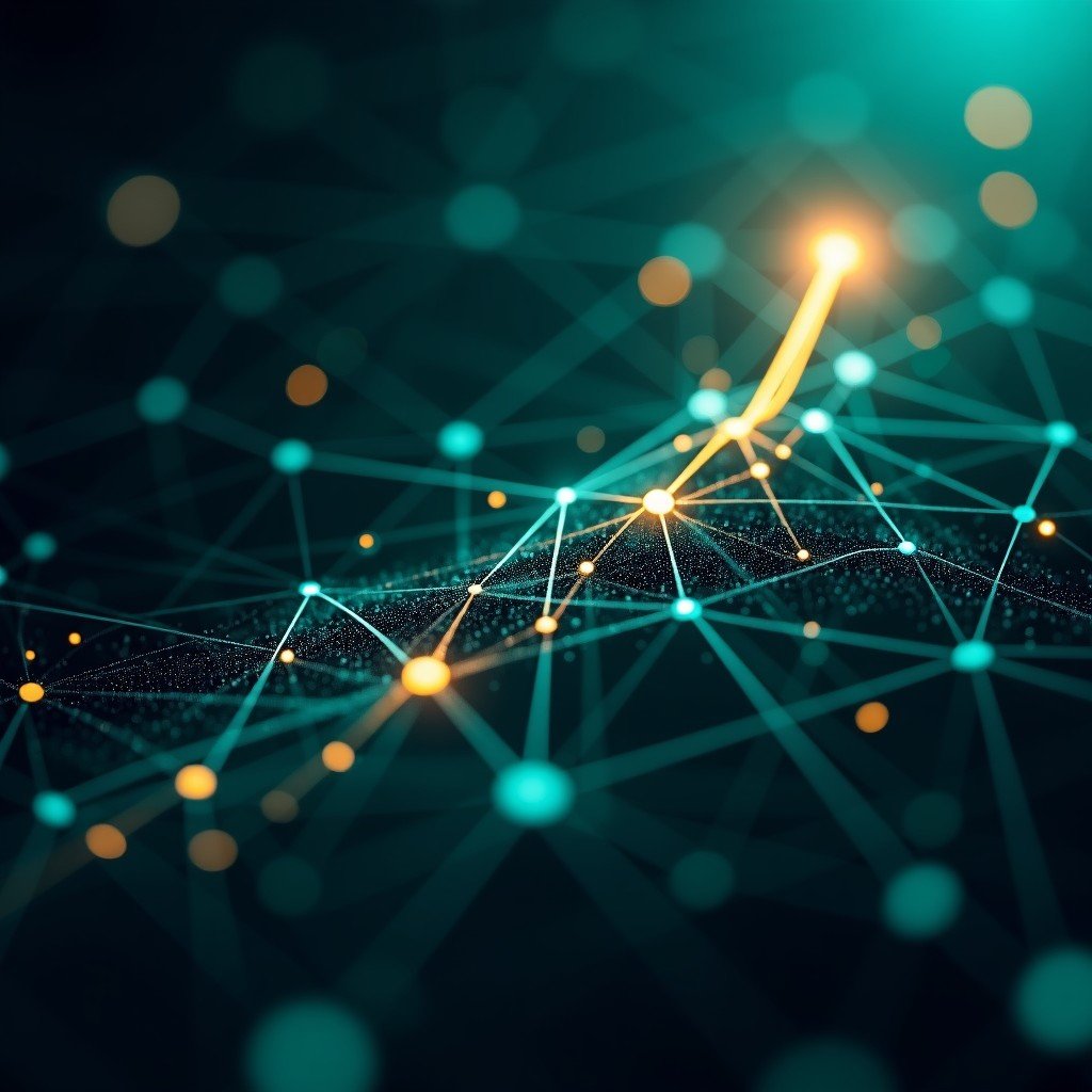 Abstract representation of digital network growth, interconnected nodes and data streams, dark background with vibrant teal and gold accents, high contrast, 16:9 aspect ratio.
