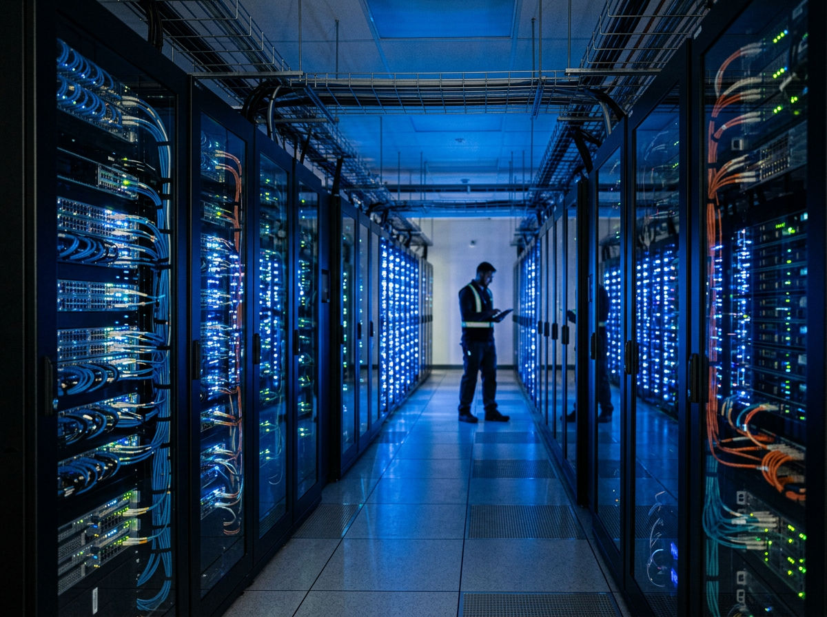 서버 관리와 기술 이슈를 상징하는 현대적인 데이터 센터