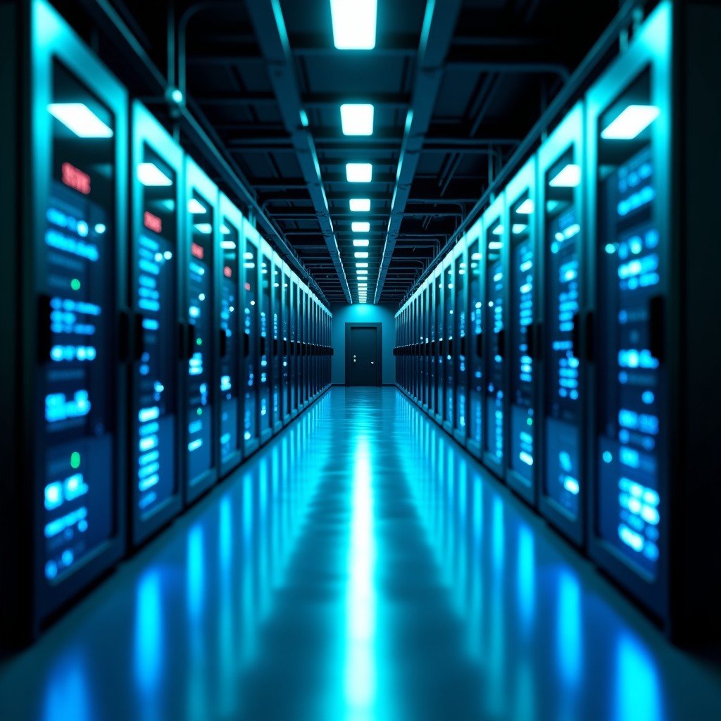 Massive data center with glowing blue and green fiber optic lights, supercomputer racks, advanced technology environment, depth of field, high-tech industrial aesthetic, photorealistic 4:3