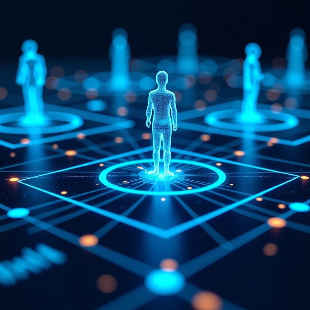 Futuristic UI showing interconnected digital agents working together on a high-tech dashboard 4:3