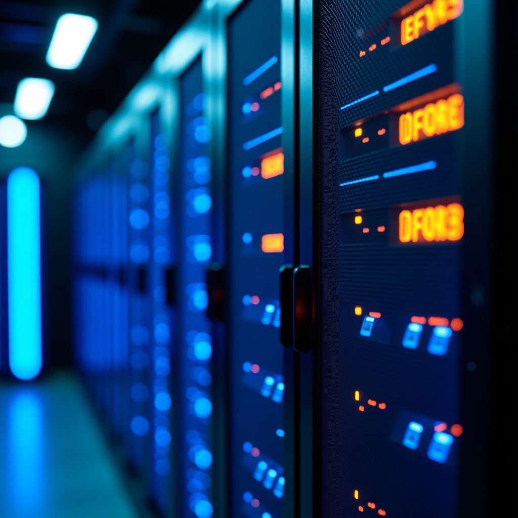 A close up of advanced server racks in a high-tech data center with blue and orange LED lights, professional photography style, 4:3