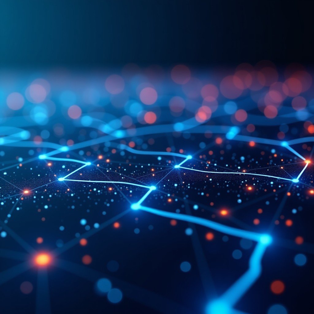 A conceptual image of digital interconnected networks and abstract data flow, professional infographic style, 4:3