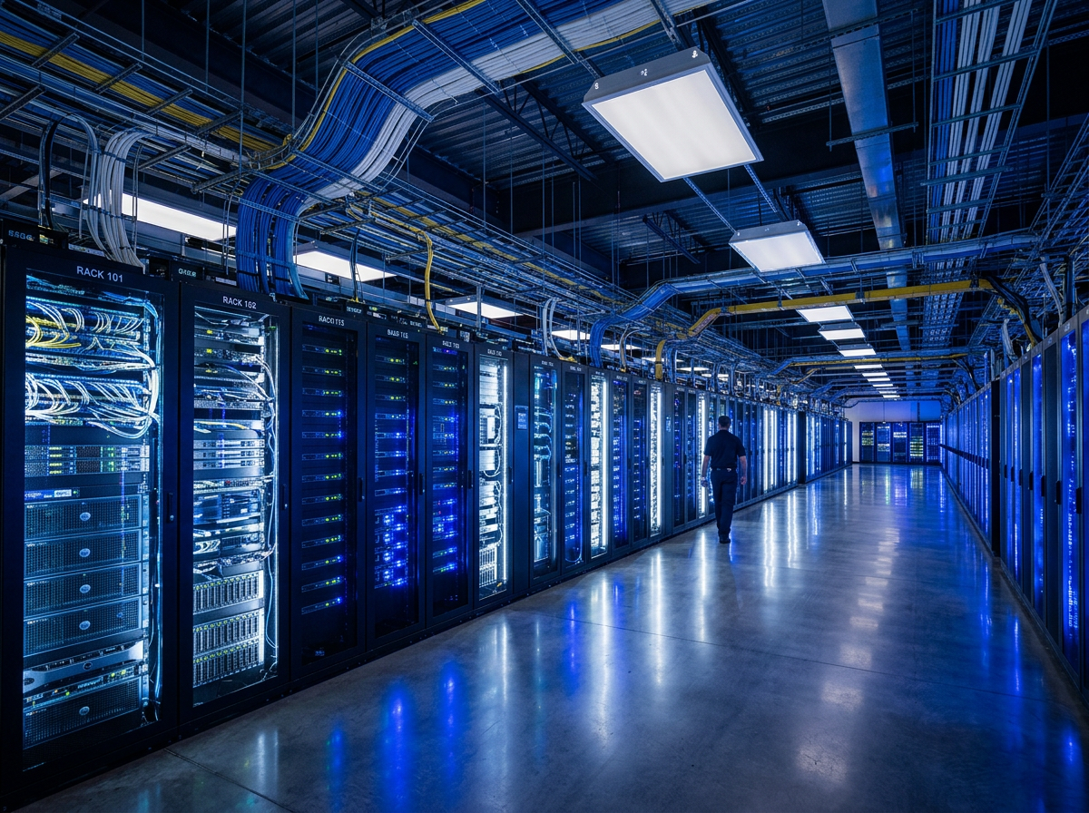 서버와 네트워크를 상징하는 현대적인 데이터 센터 전경