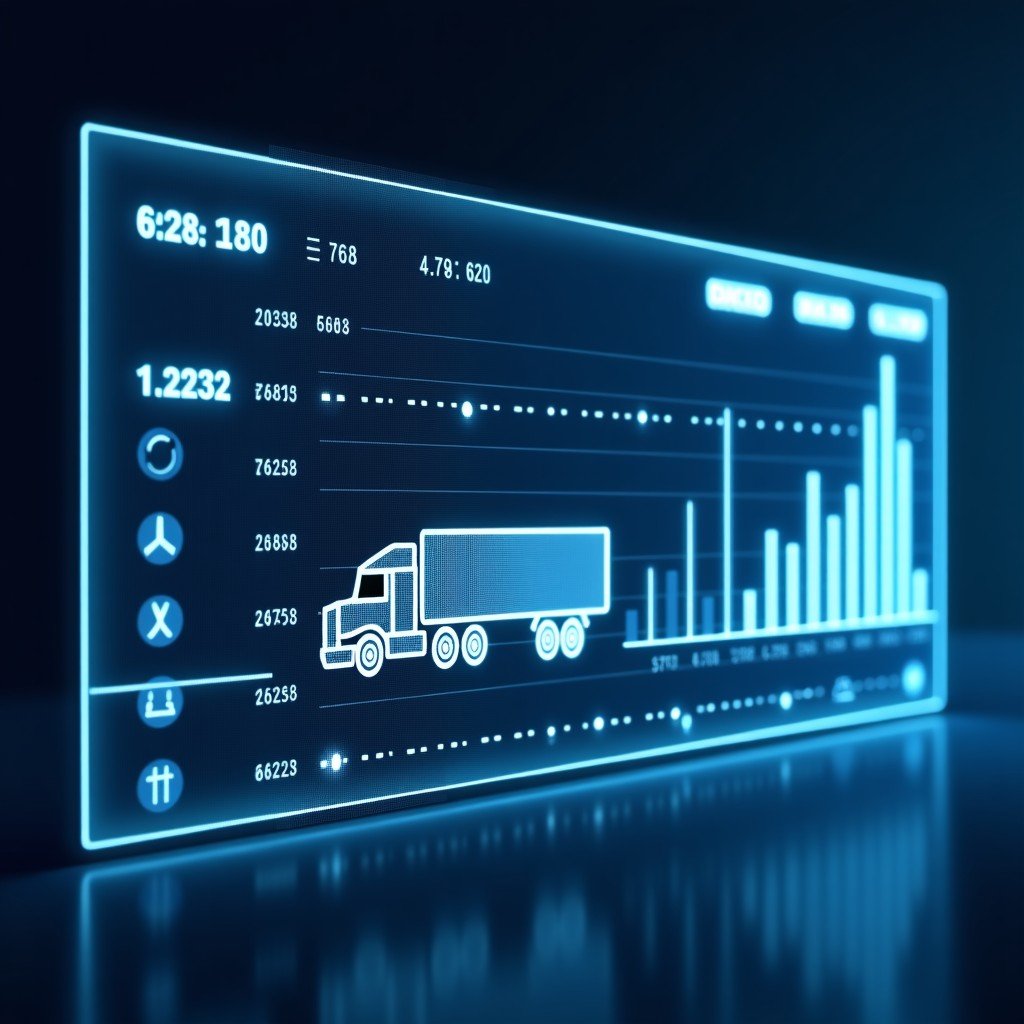A high-tech digital control center screen displaying data points and fleet management analytics for commercial trucks, minimalist and clean style, 4:3
