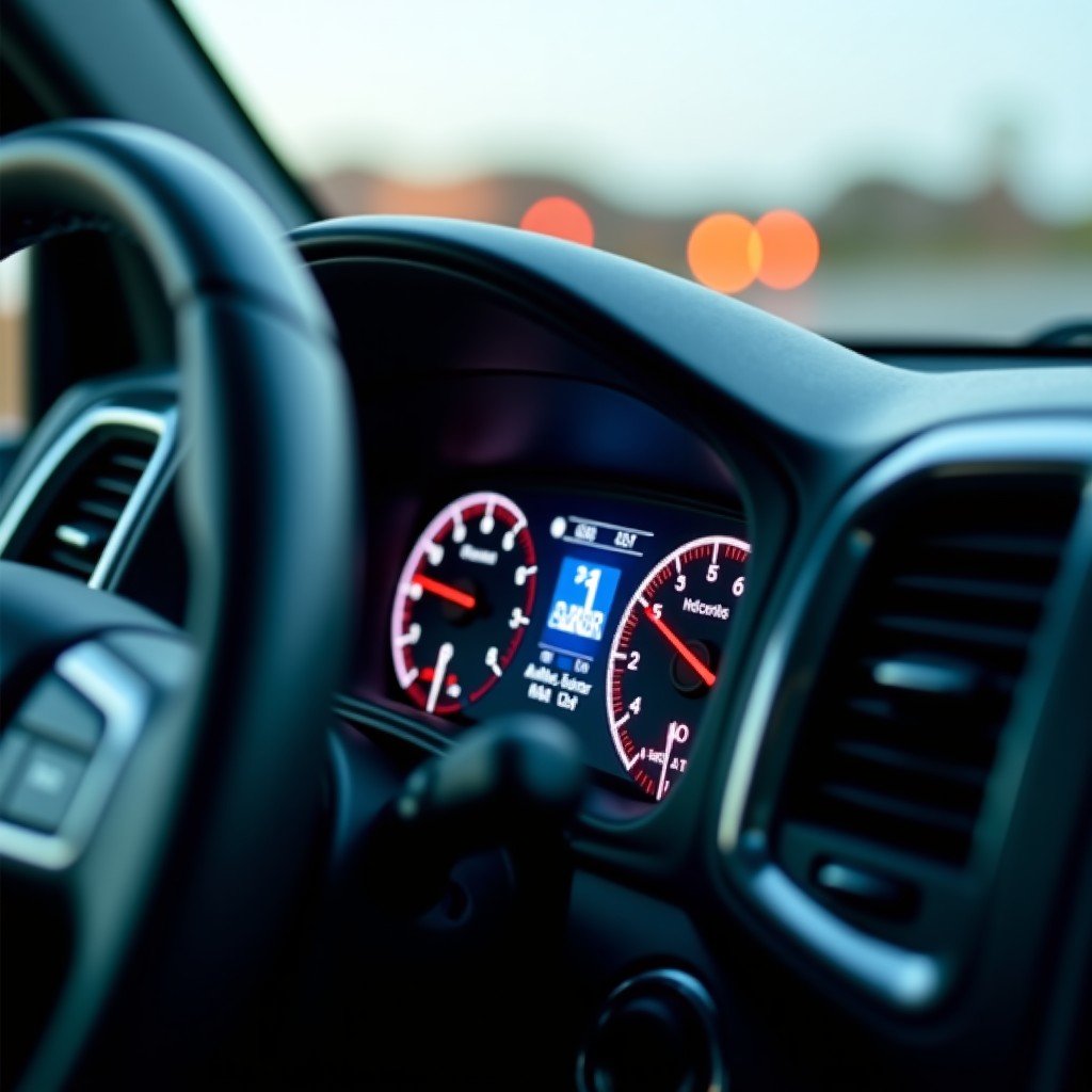 Close-up shot of a modern commercial vehicle dashboard showing digital diagnostic tools, sleek automotive interior, soft lighting, 4:3
