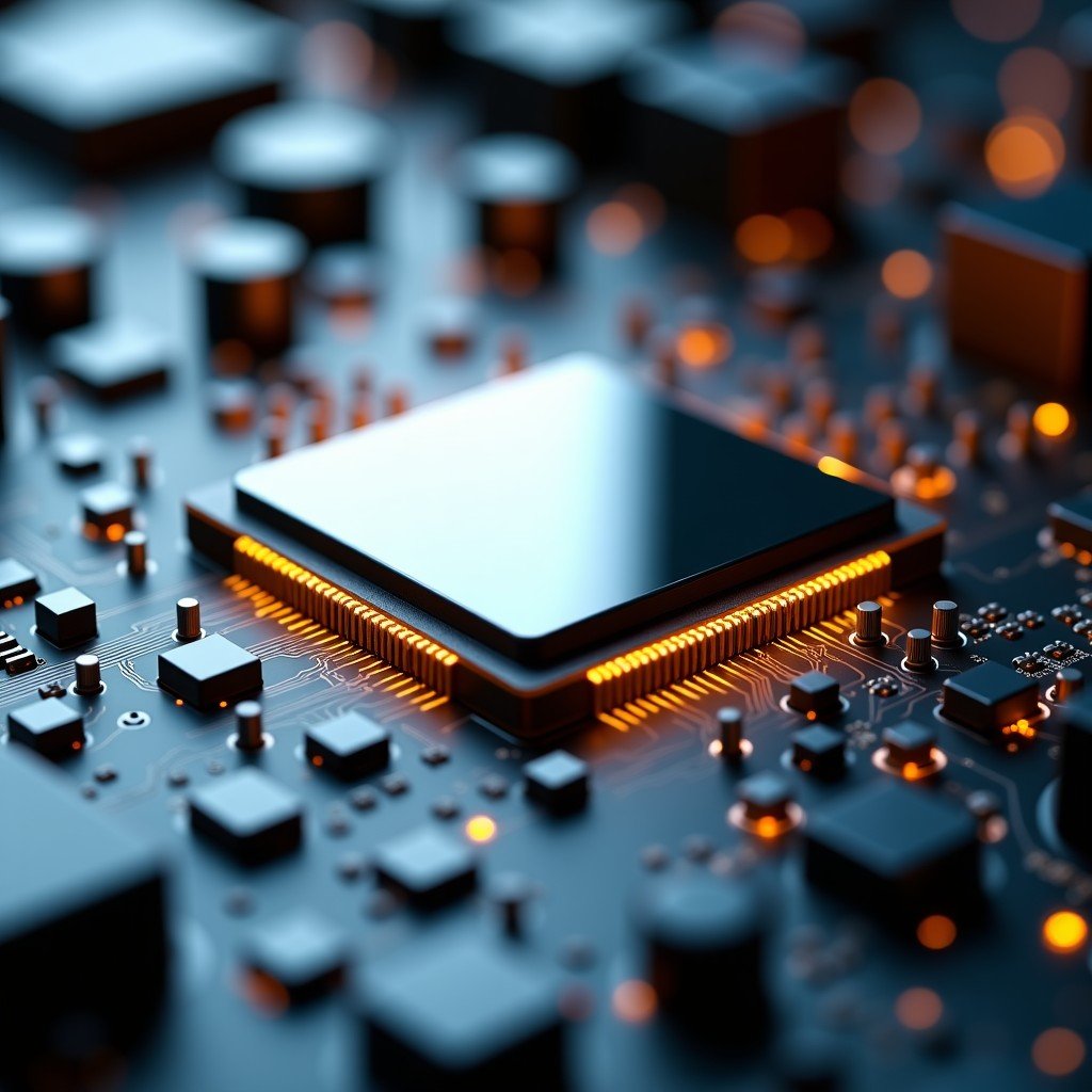 Close up of a sophisticated microchip processor on a motherboard with intricate circuitry, metallic and gold finishes, soft cinematic lighting, 16:9