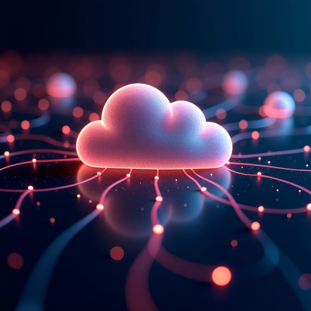 Futuristic digital network nodes connecting in a glowing cloud infrastructure, dark background with vibrant data flow lines, clean, 16:9
