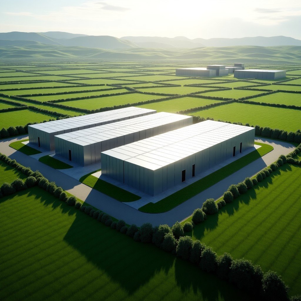 An aerial view of a sustainable data center site surrounded by lush green fields in Ireland, modern architectural design, clear lighting, realistic style, 4:3