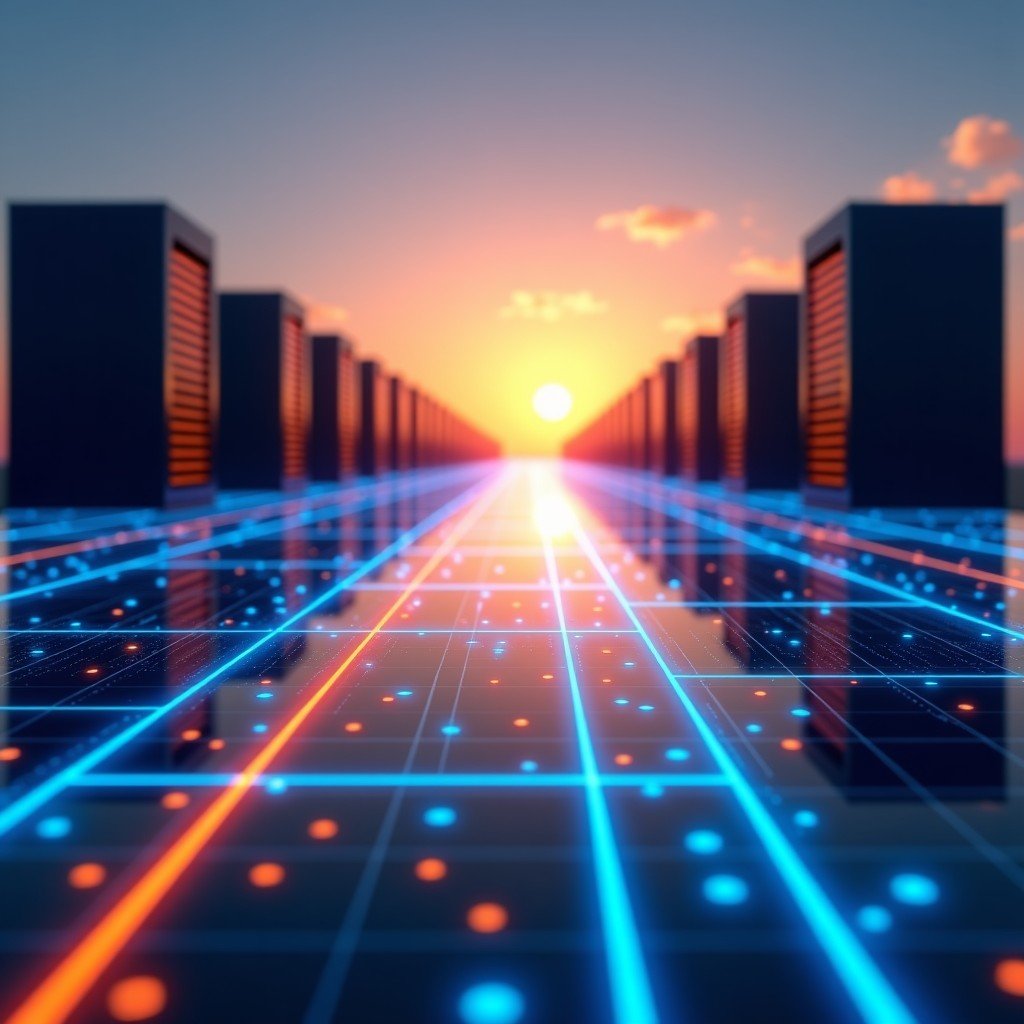 Conceptual view of future digital infrastructure with abstract glowing energy grids connecting to server buildings, sunset lighting, high resolution, 16:9