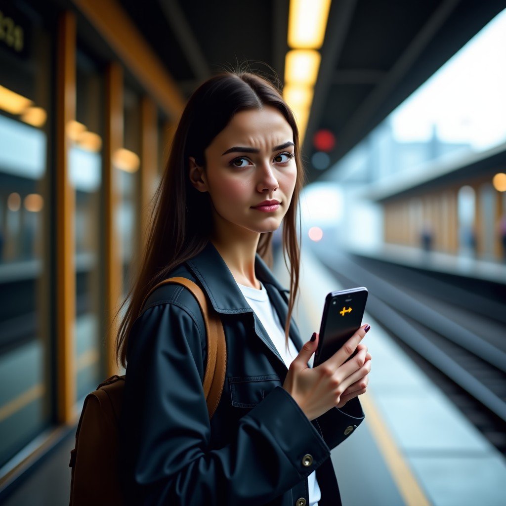 A young woman looking confused at a train station platform, digital map on phone, realistic urban travel setting, cinematic lighting, 4:3