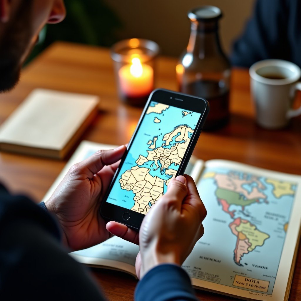 Close-up of a hand holding a smartphone checking a map, vintage travel journal on a wooden table, warm ambient lighting, 4:3