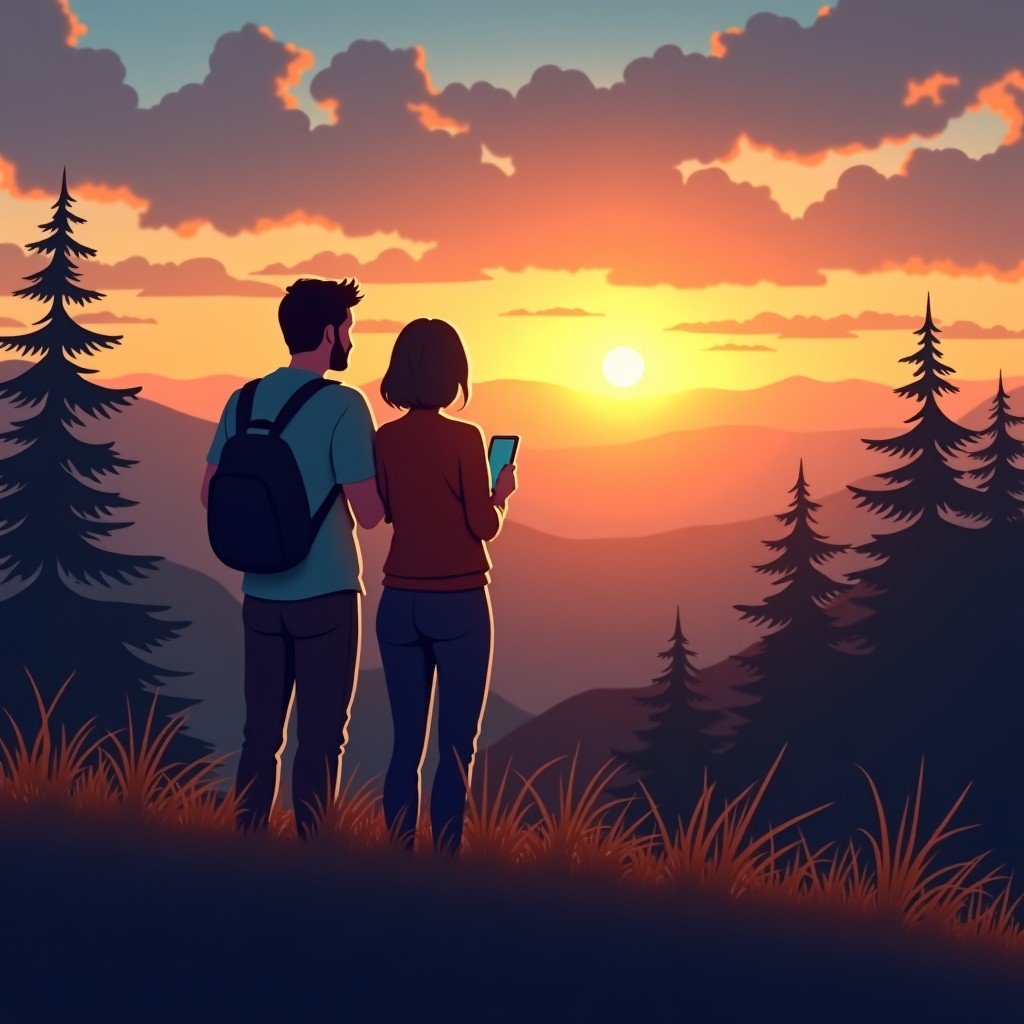 A couple looking at a beautiful landscape view, holding a digital device, sunset sky, peaceful and adventurous mood, 4:3