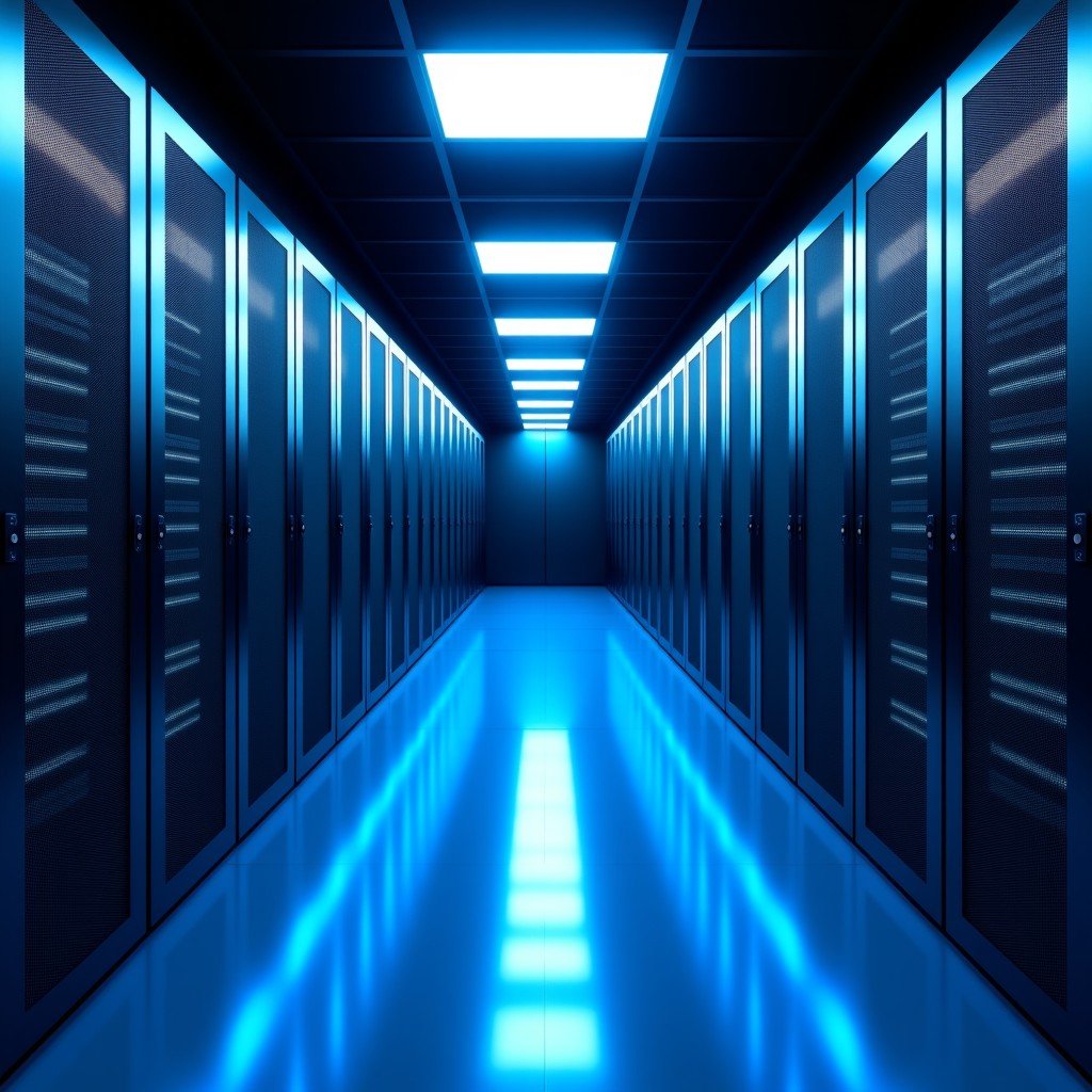 High-end server room interior with glowing blue fiber optics, modern data center infrastructure, realistic, professional, no text, 4:3