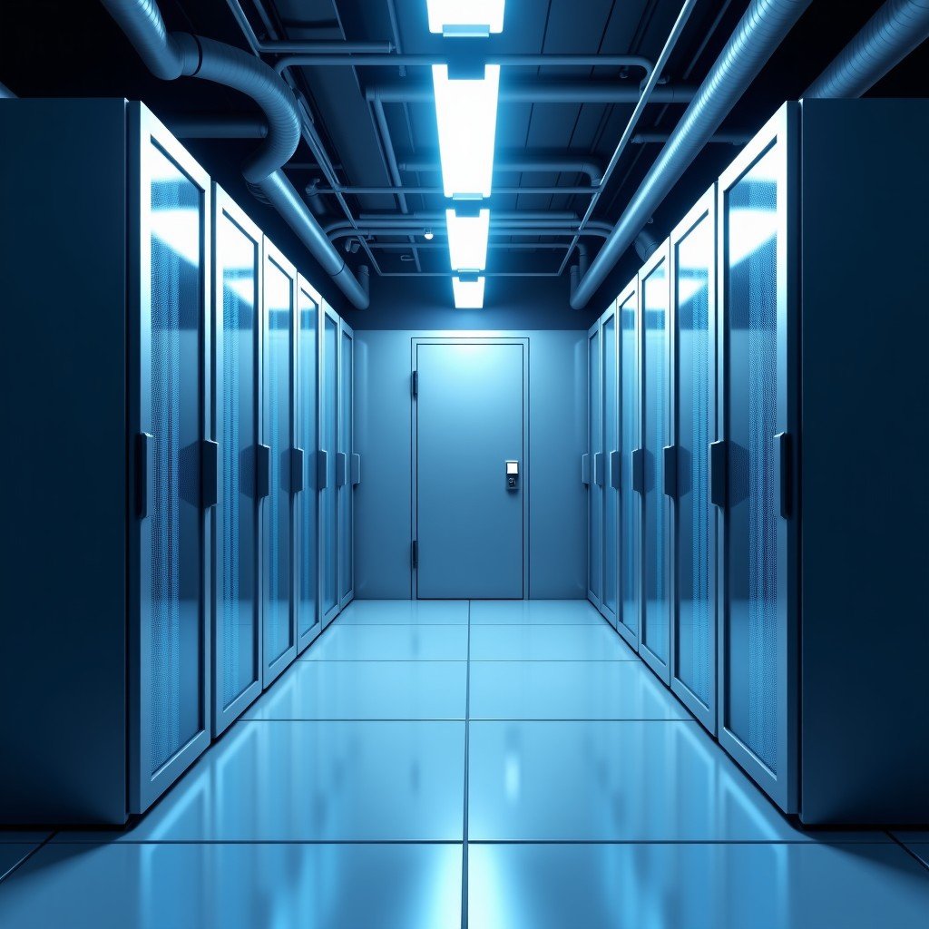 Futuristic secure server facility with protective architecture, clean lighting, professional, no text, 4:3