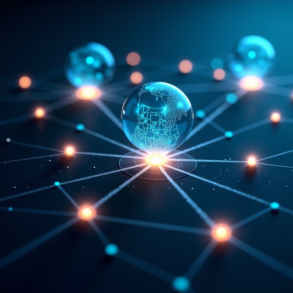 Conceptual image of sustainable energy and digital infrastructure, abstract geometric shapes, glowing interconnected nodes, professional and minimalist style, 16:9