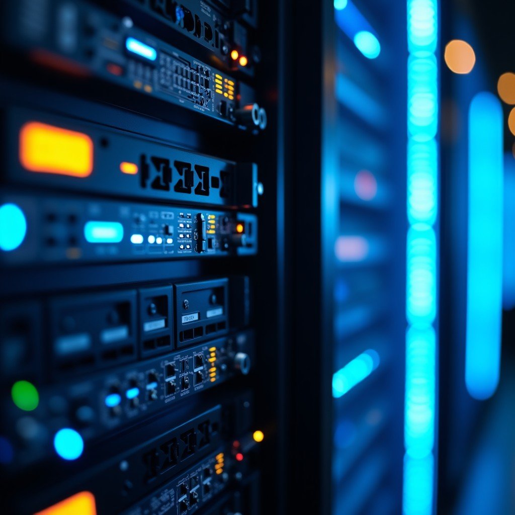 Close-up of modern hardware components and electronic circuits in a server rack, futuristic design, high quality, bokeh background, 16:9