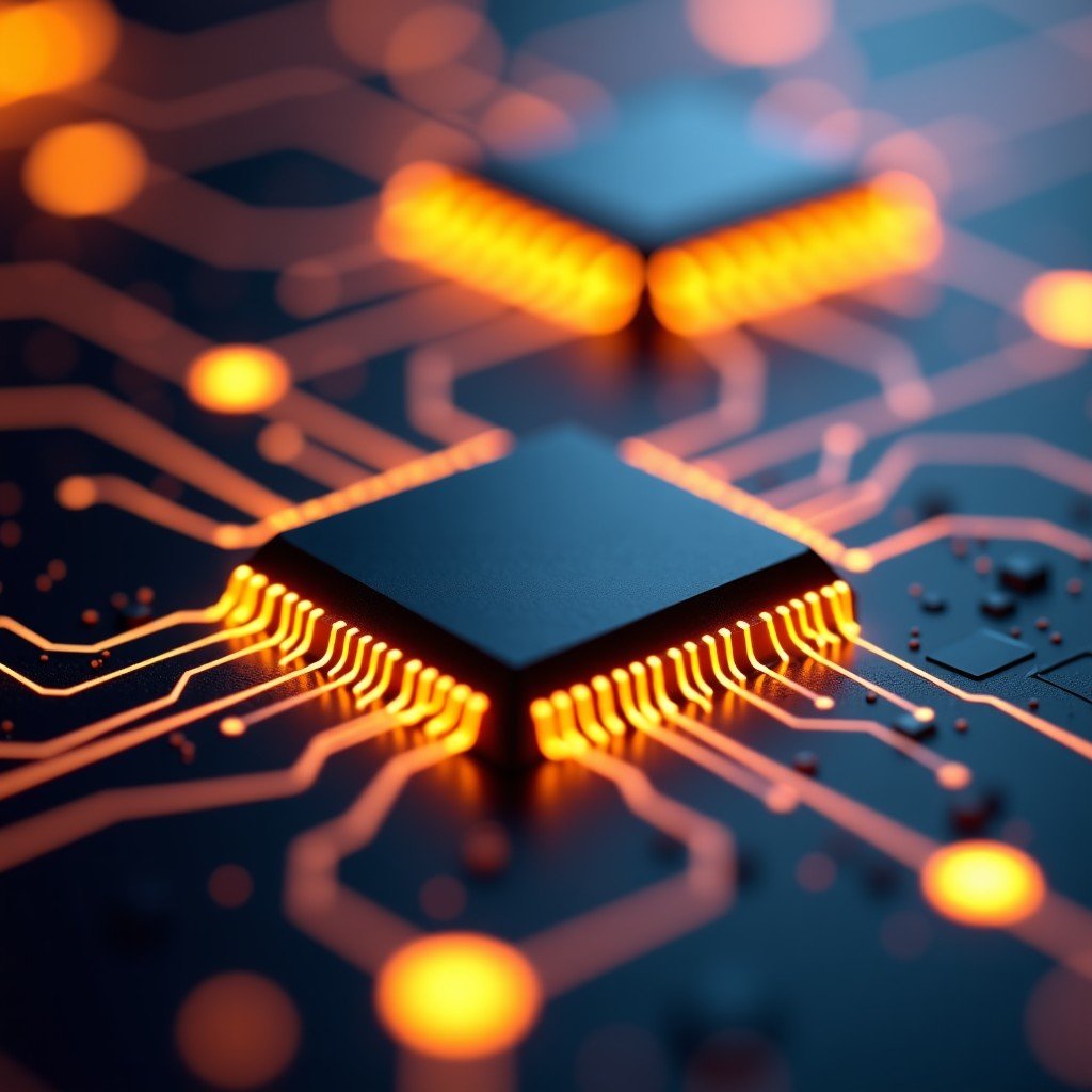 Futuristic abstract representation of semiconductor silicon wafers with golden circuit pathways, macro photography style, depth of field, elegant technology background, 4:3