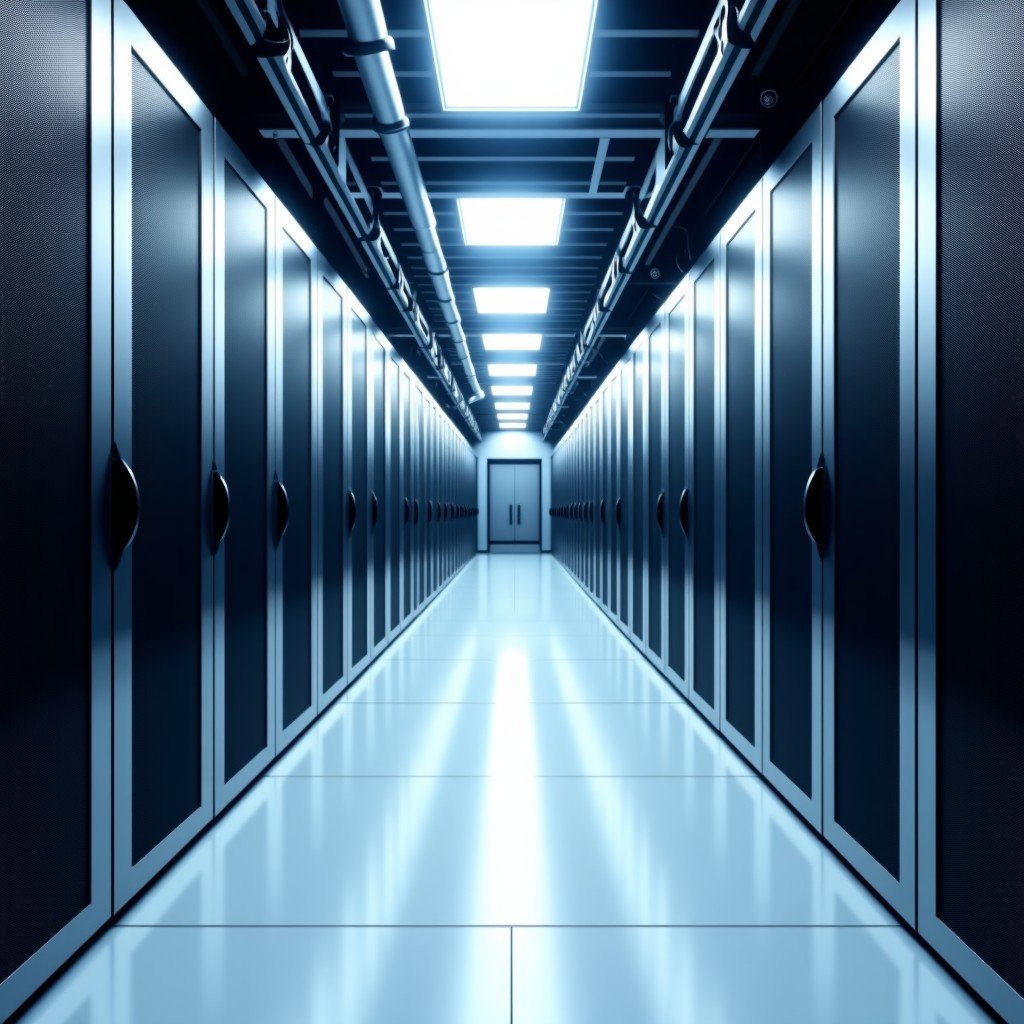 Professional data center server racks in a clean, brightly lit facility, organized networking cables, high-performance computing environment, 4:3