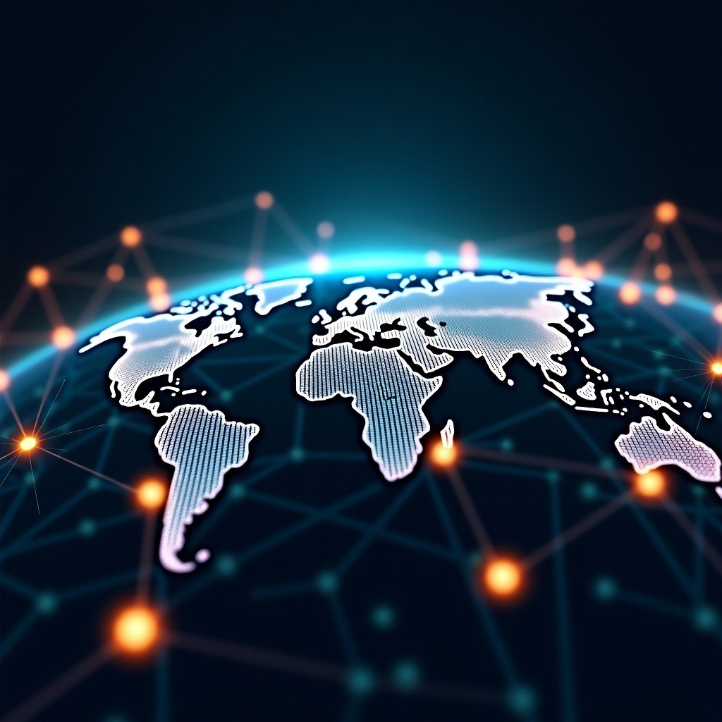 Abstract representation of global digital network connectivity, glowing nodes and lines, dark background with cyan and orange accents, high technology concept, 4:3