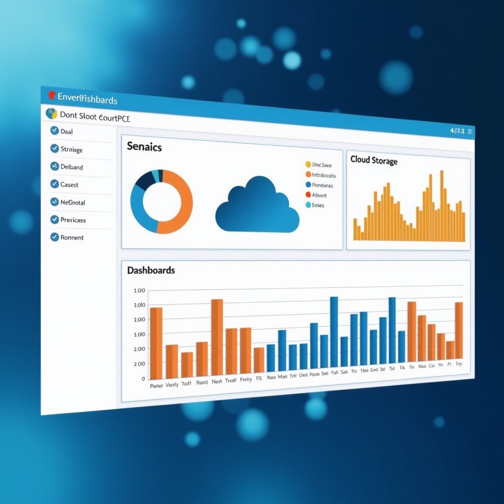 Digital dashboard displaying network infrastructure and cloud storage metrics, abstract data visualization, blue and orange color tones, 4:3
