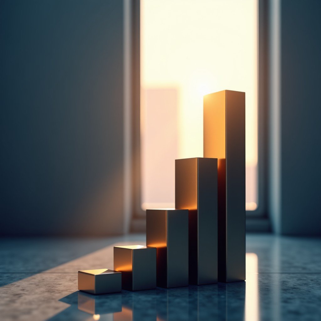 An abstract representation of business growth and upward momentum, metallic structures with rising light beams, modern architectural background, 4:3