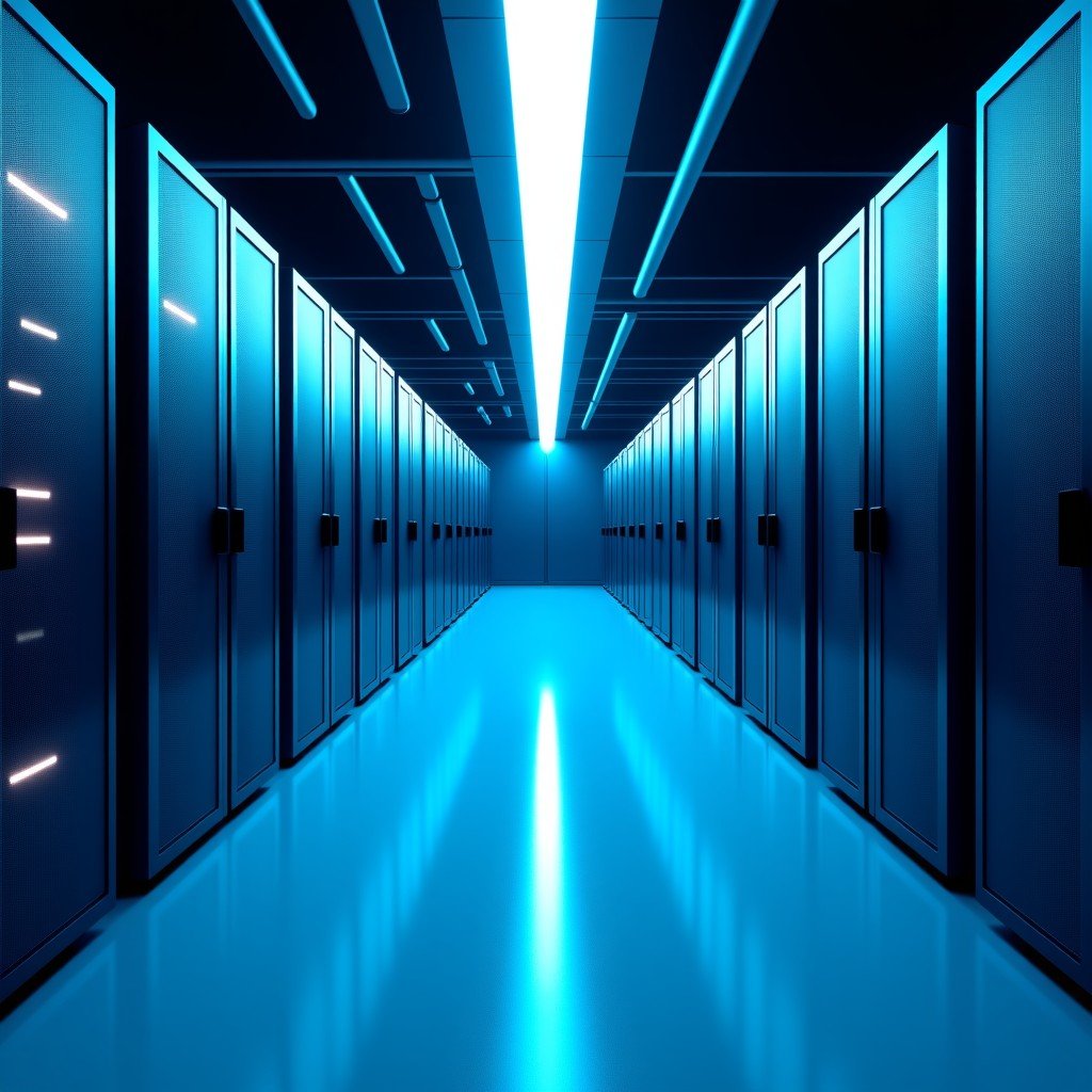 High-tech futuristic server room, wide angle view, blue glowing neon lights, sterile and professional atmosphere, high resolution, 4:3